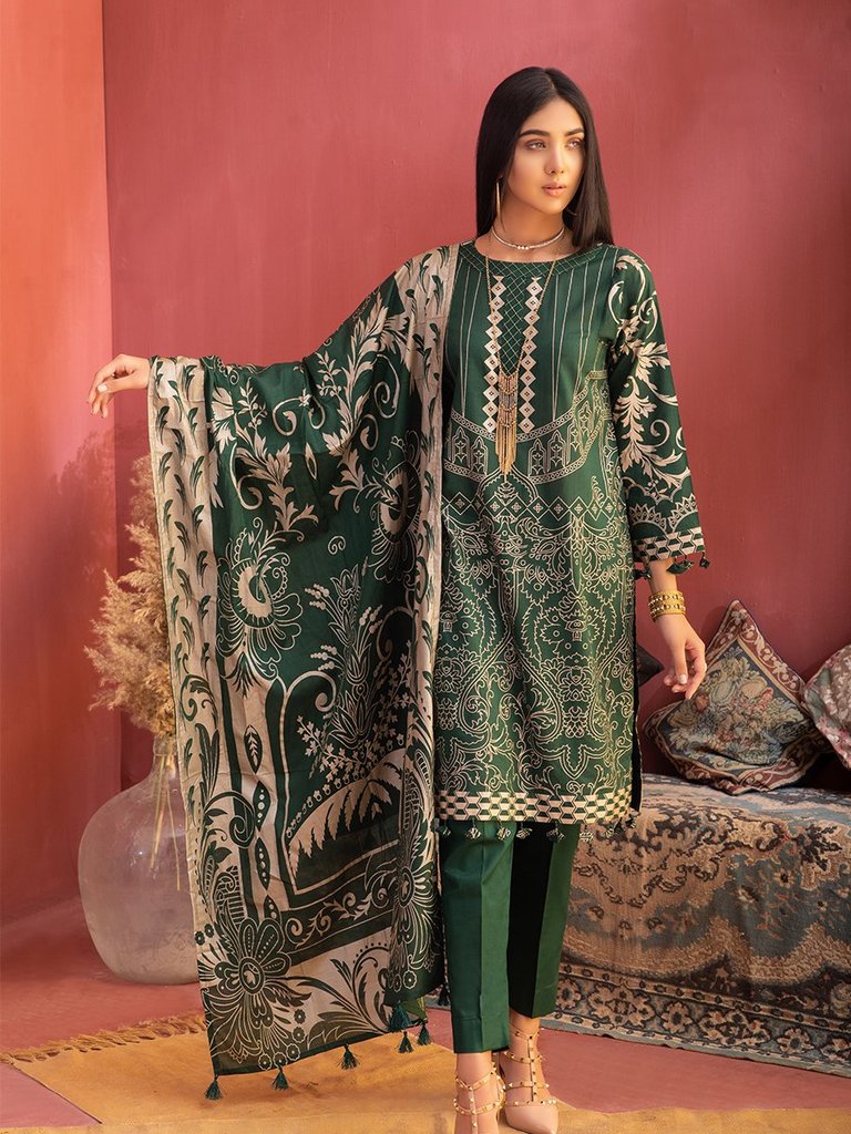 Unstitched 3pc Printed Lawn Shirt with Printed Lawn Dupatta & Dyed Cambric Trouser - Inaya (IP-00032A)